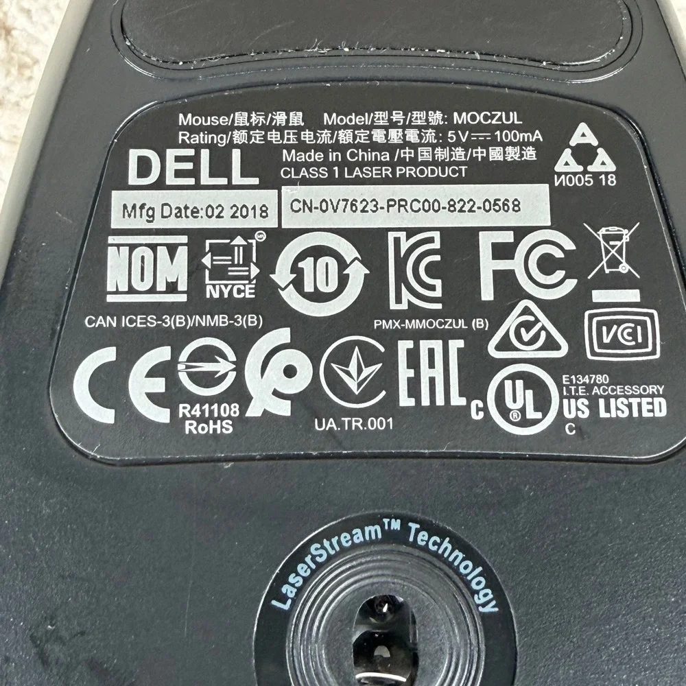 Dell MOCZUL Wired Optical USB Mouse LaserStream 0V7623 3-Button‎ Scroll Wheel